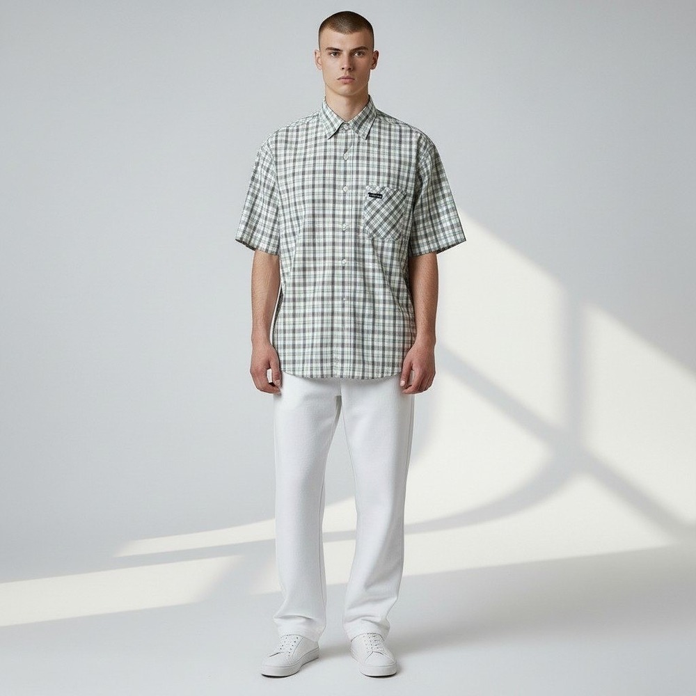 Billabong Button Down Shirt Medium Cream Plaid Short Sleeve Cotton M501WCHE